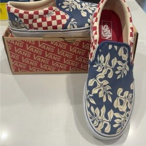 Vans Blue and White Leaf Pattern Slip-Ons